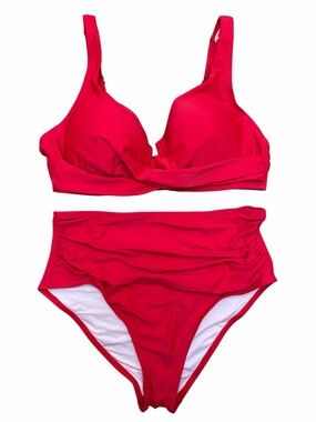 Cupshe Red Twist Front Bikini Set Ruched High-Waisted Bottoms Size M NWT